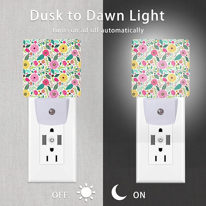 Retro Flowers Night Light,Spring Retro Rustic Flowers Night Lights Plug into Wall with Dusk to Dawn Light Sensors 0.5W Dim Night-Lights for Bedroom