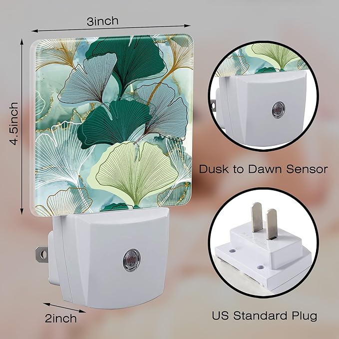 Green Gold Ginkgo Leaves Night Light for Kids,Abstract Botanical Leaves Night Light Plug in with Dusk to Dawn Sensor,0.5w Energy Saving Nightlight for Hallway Stairway Kitchen Bedroom