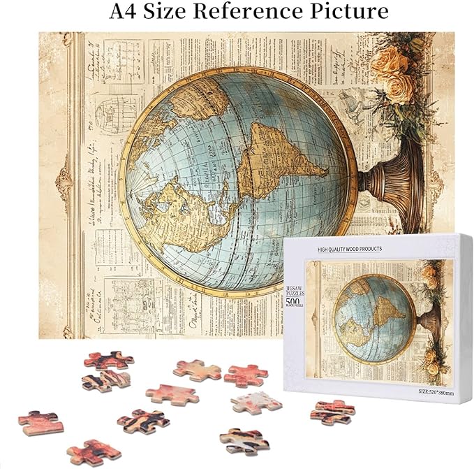 Classic Globe with Detailed World Map and Vintage Documentation, Beautifully Complemented by Decorative Roses，500 Piece Adults Wooden Jigsaw Puzzle，Ideal for Relaxation and Family Fun