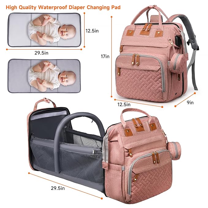 Baby Diaper Bag Backpack Diaper Bag Multifunctional Waterproof Diaper Bag with Changing Station Travel Diaper Backpack with Changing Pad, Pacifier Case & Stroller Straps(Pink)