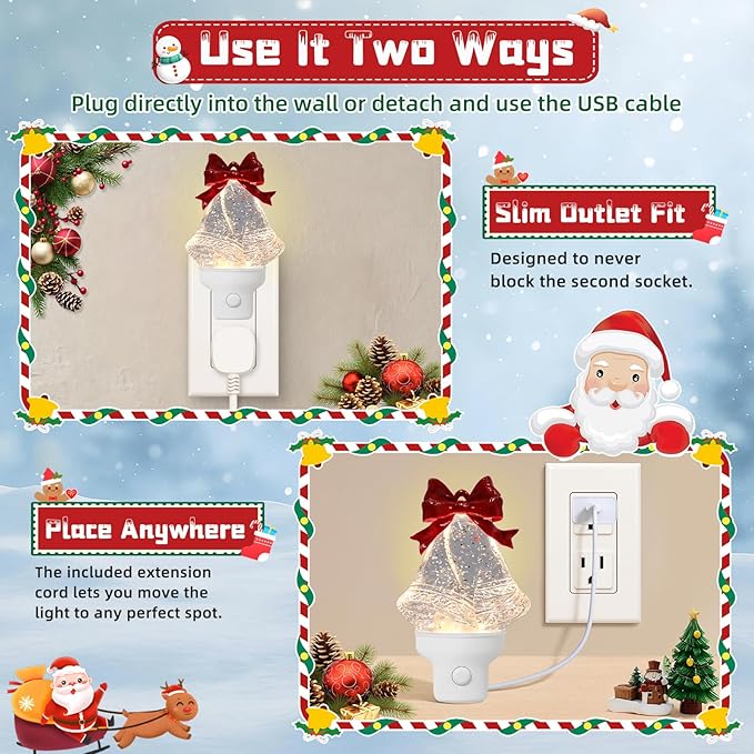Christmas Night Light Plug into Wall Swirling Glitter USB Portable Christmas Decorative Night Light Decoration for Kids Adults Bedroom Kitchen Living Room Holiday Decor (Bells)