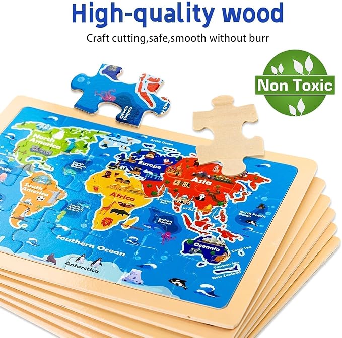 Christmas Wooden Puzzles for Toddlers 3-5,6 Packs 24Pcs Jigsaw Wooden Solar System Puzzles for Ages 4-8,Preschool Educational Brain Toys Gifts for Boys and Girls 2 4 3 5 Year Old（World Map）