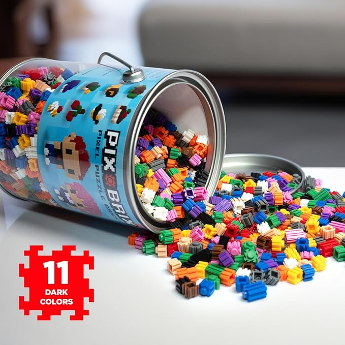 Pix Brix Pixel Art Puzzle Bricks Bucket – 1,500 Piece Pixel Art Kit with 11 Colors, Dark Palette – Interlocking Building Bricks, 2D and 3D Builds – Stem Toys, Ages 6 Plus
