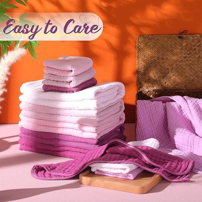 VitalCozy 12 Pcs Baby Muslin Hooded Bath Towels and Washcloths, 32 x 32 Inch Muslin Cotton Hooded Baby Towels Absorbent Hooded Blankets for Gift Newborn Infant Shower (Purple Series)