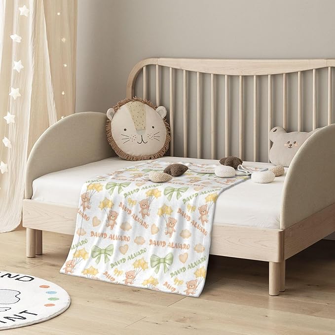 Ship Next Day Personalized Baby Blanket, Printed in USA - Custom Name Toddler Blanket with Plush Bear Pattern, Personalized
