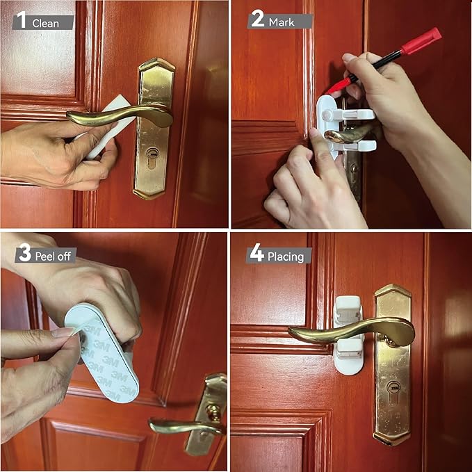 Child Proof Door Lever Lock, Door Handle Lock, Durable ABS with Adhesive Backing, Simple Install, No Tools Needed (U, Pack, 4)