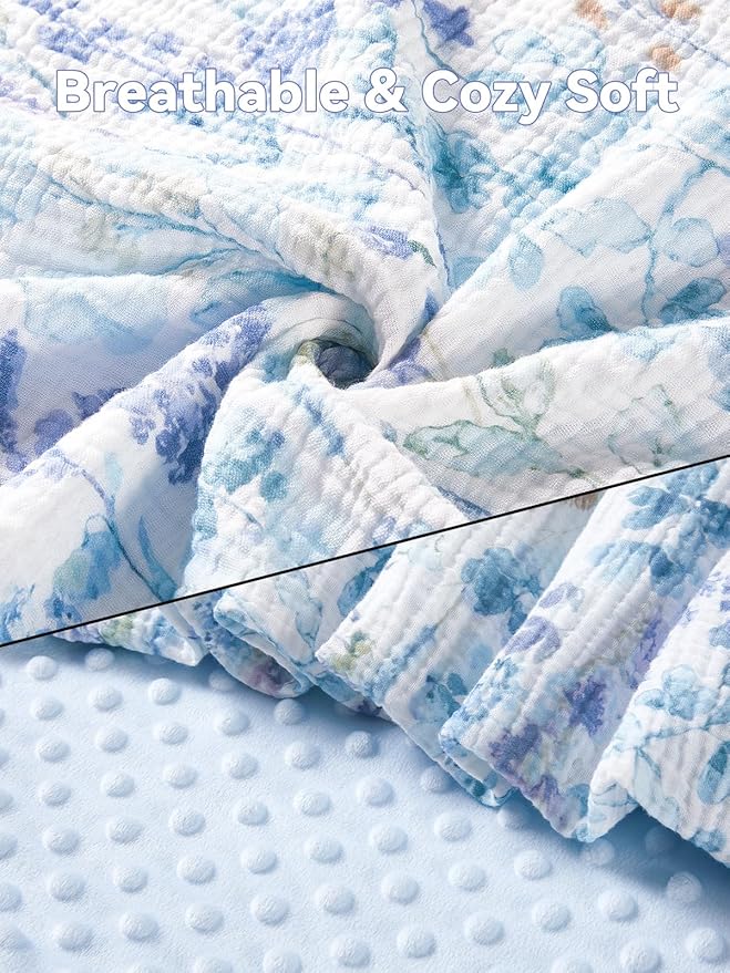 TILLYOU Baby Blankets for Girls Boys, Receiving Baby Blanket with Double Layer Soft Plush, Minky Muslin Cotton Front and Dotted Backing 30"x40", Blue Flower