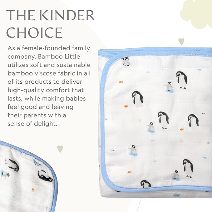 Bamboo Viscose Baby Hooded Towel & Washcloth Set for Babies and Toddlers, Soft & Absorbent, 70% Viscose from Bamboo, 30% Cotton Muslin - Imported (Penguin)