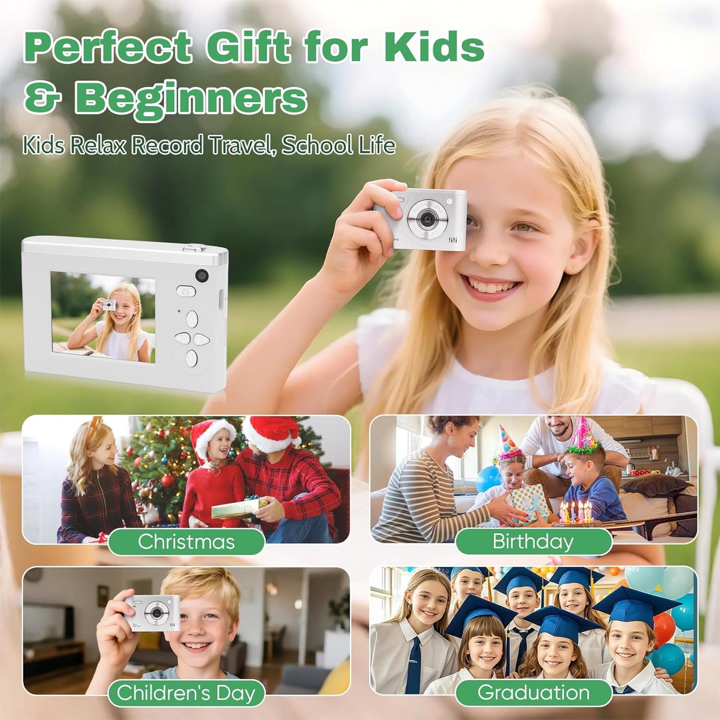 Digital Camera FHD 1080P Video & 8X Digital Zoom - Compact Point and Shoot Digital Camera with 2.4" Screen, 800mAh Rechargeable Battery - Portable Small Camera for Kids Teens Girls Boys(Silver)