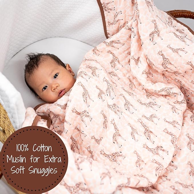 LollyBanks Muslin Baby Blanket 100% Organic Cotton, Muslin Quilt Lightweight, 6 Layers Soft Blanket Neutral, 47"x 47" Toddler Blankets for Girls and Boys, Nursery Receiving Blankets (Giraffe Print)