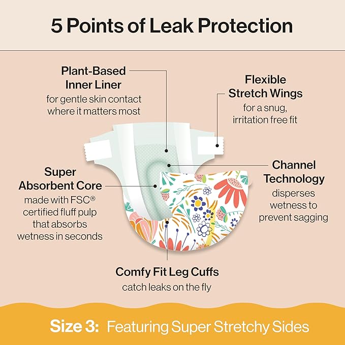 The Honest Company Clean Conscious Diapers for Sensitive Skin, Up to 100% Leakproof Hypoallergenic Fragrance-Free Baby Diapers, Girl Prints, Super Club Box, Size 3 (16–28 lbs), 120 Count (Prints Vary)