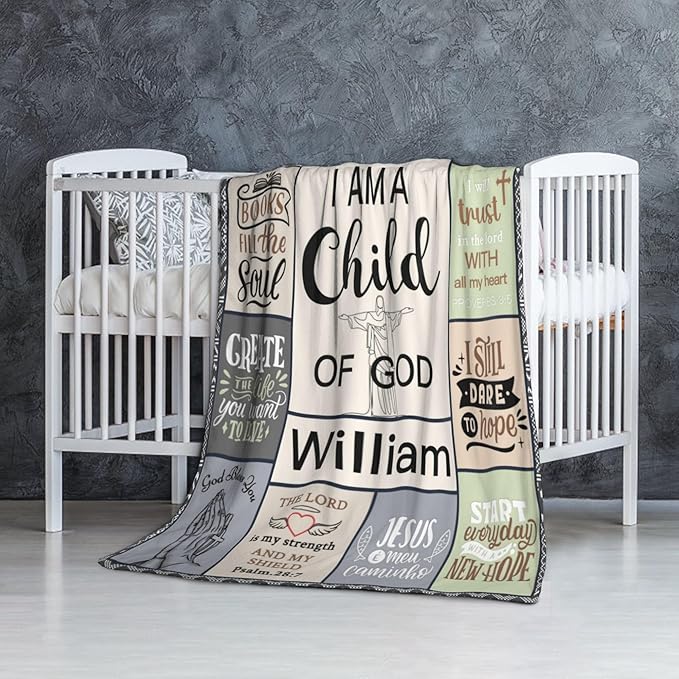 Personalized Baby Blanket with Name Christian Gift - Plush Baptism Blanket with Scripture Quote Swaddle Bible Verse for Newborn Boys Birthday Christmas Christening Godchild