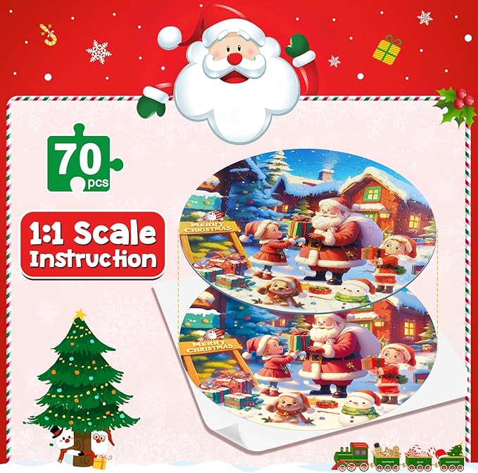 Christmas Puzzles for Kids Ages 4-6, Large Round Floor Puzzles with Santa Claus & Snowman, 70 Piece Jigsaw Puzzles for Boys & Girls Aged 3-8, Educational Toy Gift