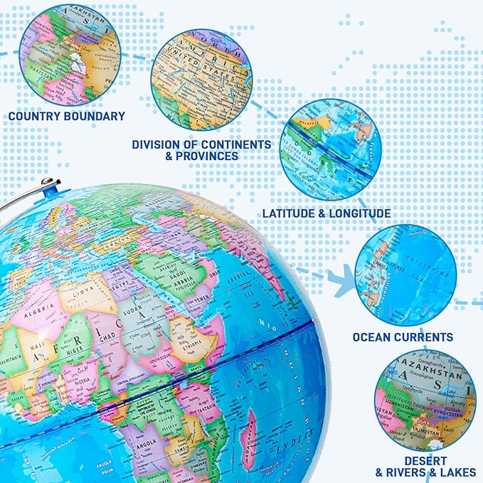 13" World Globe for Kids, Classroom Globe for Education & Decoration with Stable Heavy Metal Base, HD Waterproof Printed & Rewritable Surface