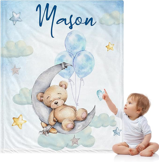 J&SBGFT Personalized Baby Blanket for Boys - Custom Name Receiving Blanket for Toddlers, Kids - Nursery, Stroller, Crib Decor Throw With Sleeping Bear