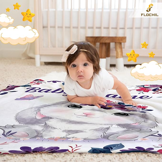 FLOCHIL Personalized Baby Blanket for Girls, Custom Baby Blanket with Name, Customized Baby Products, Gift for Baby, Newborn, Baby Shower (Bunny 2)