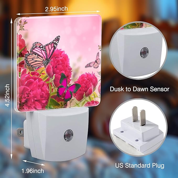 Butterfly and Flower Night Lights Plug into Wall for Girls Boys Room, Night Lights LED Lamp with Dusk to Dawn Sensor Nightlight for Bedroom Kitchen Bathroom Hallway Home Wall Decor