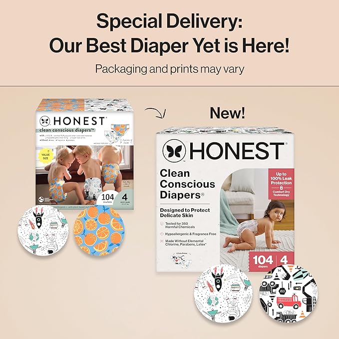 The Honest Company Clean Conscious Diapers for Delicate Skin, Up to 100% Leakproof Hypoallergenic Fragrance-Free Baby Diapers, Gender Neutral Prints, Super Club Box, Size 4 (22–37 lbs), 104 Count