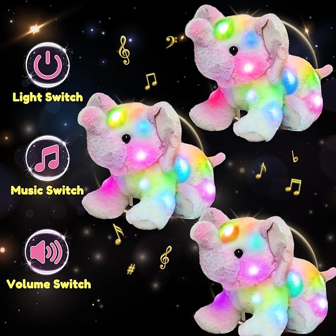 Hopearl LED Musical Stuffed Colorful Elephant Light up Singing Plush Toy Playset Mommy Elephant with 3 Baby Elephish in her Tummy Adjustable Volume Lullaby Animated Soothe Gifts for Kids, 18''