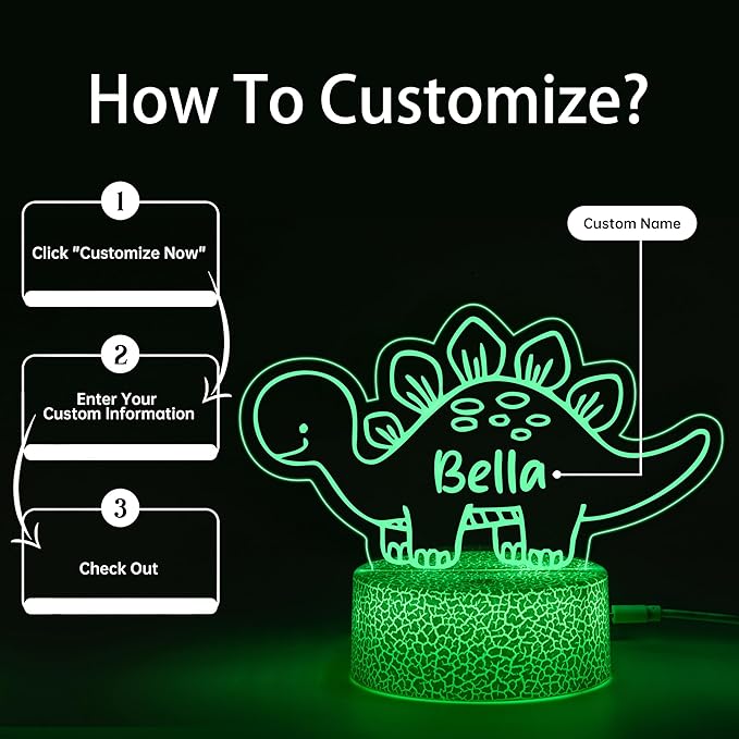 Personalized Baby Gifts Dinosaur Night Light for Boys Girls, Custom Name LED Lamp, Remote Control, Adapter, 16 Colors USB Charging, Baby Shower Christmas Gifts, Children's Room Nursery Decor