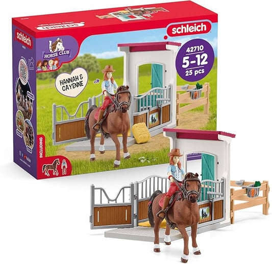 Schleich Horse Club - 25PC Hannah and Cayenne Horse Toy Stall Playset with Accessories - Customizable Stable Name Tag - Realistic, Posable Rider and Pony Toys for Girls and Boys - Kids Ages 5+ - 42710