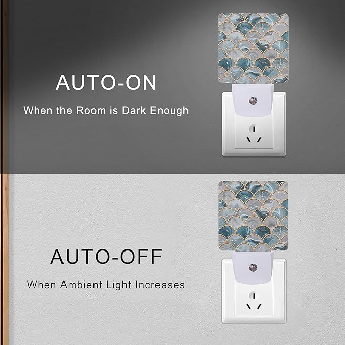 Mermaid Fish Scales Marble Night Light Plug-in LED Nightlights Auto Sensor Night Lamp Dusk-to-Dawn Lamp Home Decor for Nursery Children Girls Boys