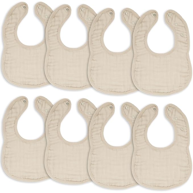 Comfy Cubs Muslin Bibs for Babies, Pack of 8 - Soft and Highly Absorbent, Feeding, Drool and Teething Bib, Adjustable Snaps - Stylish & Colorful Unisex Designs, Giftable Set - Sand