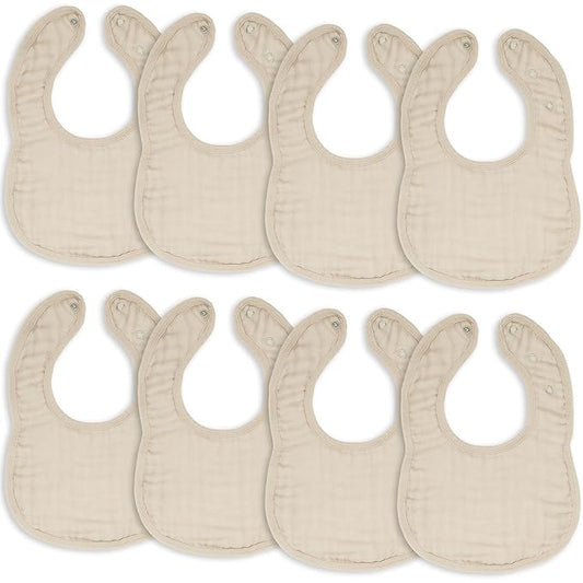 Comfy Cubs Muslin Bibs for Babies, Pack of 8 - Soft and Highly Absorbent, Feeding, Drool and Teething Bib, Adjustable Snaps - Stylish & Colorful Unisex Designs, Giftable Set - Sand