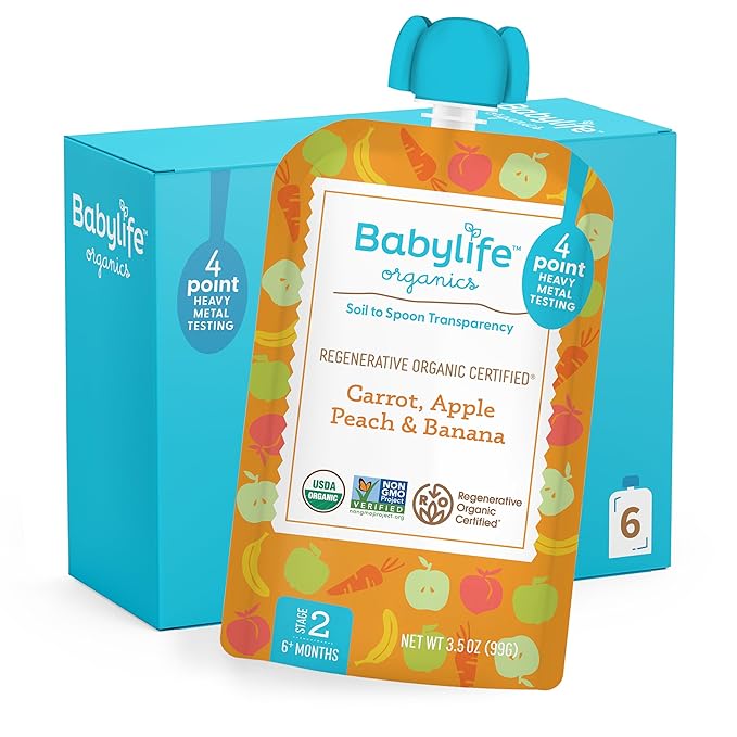 Babylife Organics Stage 2 - Carrot, Apple, Peach & Banana, 3.5 Ounce Pouch (6 Pack) - Heavy Metal Safe, Organic Baby Food