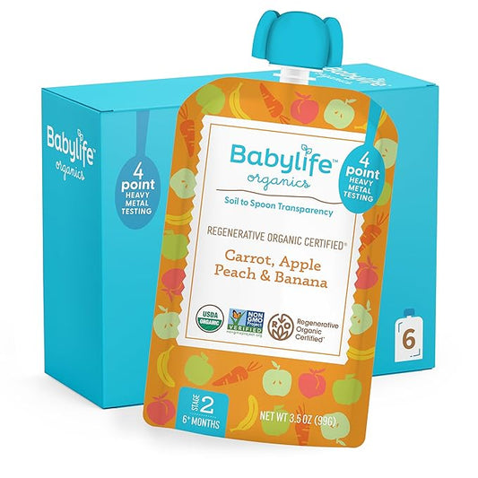 Babylife Organics Stage 2 - Carrot, Apple, Peach & Banana, 3.5 Ounce Pouch (6 Pack) - Heavy Metal Safe, Organic Baby Food