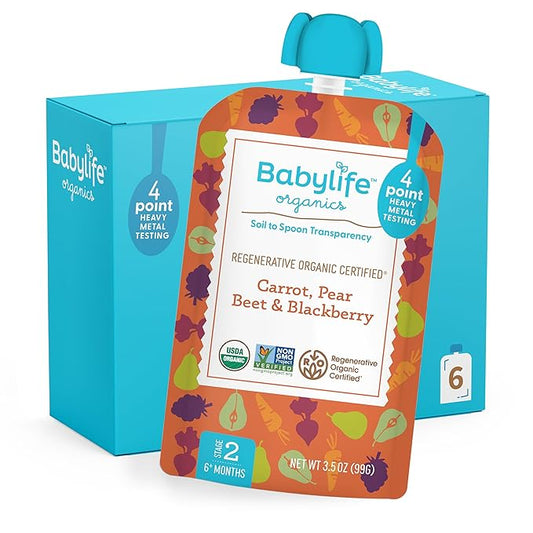 Babylife Organics Stage 2 - Carrot, Pear, Beet & Blackberry, 3.5 Ounce Pouch (6 Pack) - Heavy Metal Safe, Organic Baby Food