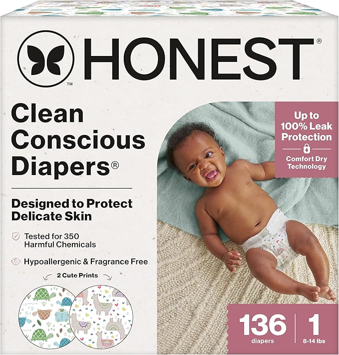 The Honest Company Clean Conscious Diapers for Sensitive Skin, Up to 100% Leakproof Hypoallergenic Fragrance-Free Baby Diapers, Gender Neutral Prints, Super Club Box, Size 1 (8–14 lbs), 136 Count
