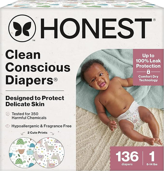 The Honest Company Clean Conscious Diapers for Sensitive Skin, Up to 100% Leakproof Hypoallergenic Fragrance-Free Baby Diapers, Gender Neutral Prints, Super Club Box, Size 1 (8–14 lbs), 136 Count