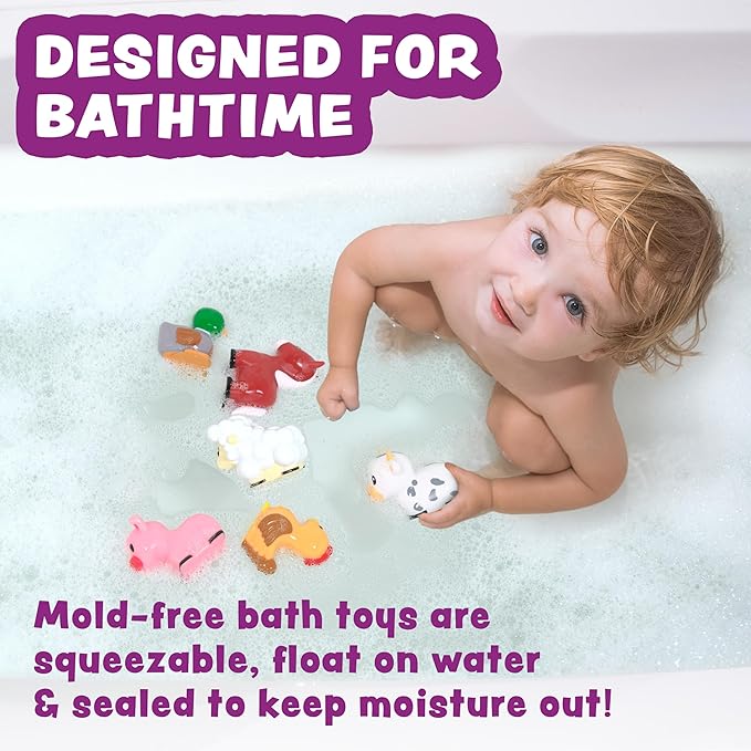 Tub Works® Barnyard™ Mold Free Bath Toys, 6 Pack | Sealed, No Hole Bath Toys Design Keeps Moisture Out | Soft, Squeezable & Float on Water | Farm Animals Baby & Toddler Bathtub Toys | Baby Pool Toys