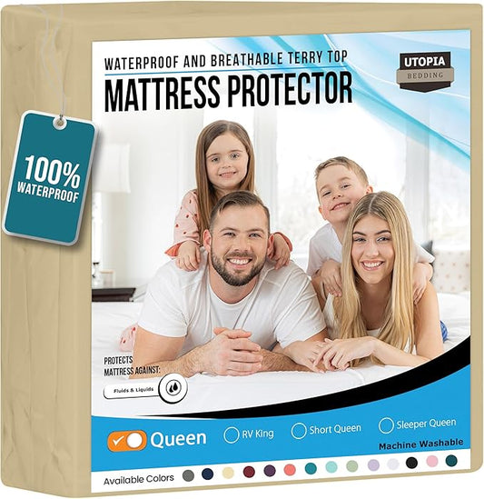Utopia Bedding Waterproof Mattress Protector Queen Size, Premium Terry Mattress Cover 200 GSM, Breathable, Fitted Style with Stretchable Pockets (Beige)
