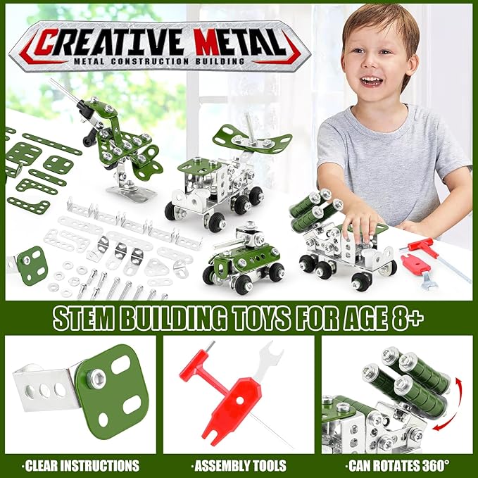 Building Toys for Boys Age 8-12,Creative Sets 4 Mini Army Vehicles Model,Metal Military Models Toys for Kids Ages 8+,DIY Educational Birthday Gifts for Kids Boys 8 9 10 11 12-16 Years Old