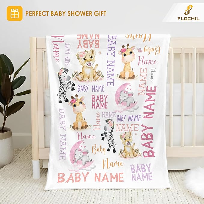 FLOCHIL Personalized Baby Blanket for Girls, Custom Baby Blanket with Name, Customized Baby Products, Gift for Baby, Newborn, Baby Shower (Monogram)