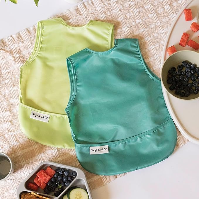 Tiny Twinkle Short Sleeve Apron Bibs for Babies & Toddlers – 2 Pack Waterproof, Mess-Proof Baby Bibs for Eating & Feeding, Machine Washable,Perfect Holiday Gift(Rainforest, 6–24M)