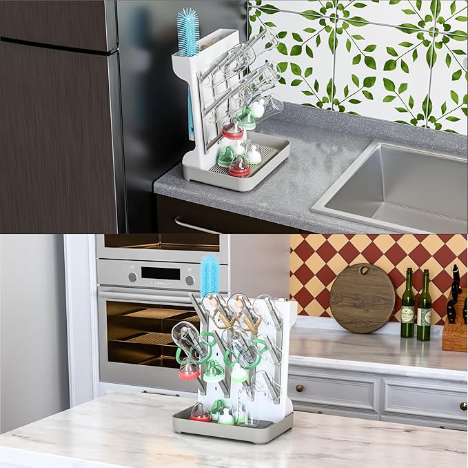 SuoXing Vertical Baby Bottle Drying Rack,Space Saving Countertop Baby Drying Rack for Bottles,Large Baby Bottle Station Stand,Bottle Rack Dryer for Brushes,Pacifiers,Baby Accessories Organizer,Grey