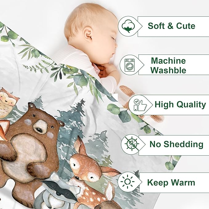 J&SBGFT Personalized Baby Blanket with Name, Customized Name Receiving Blanket for Boys' Crib, Stroller & Nursery - Forest Animal Theme