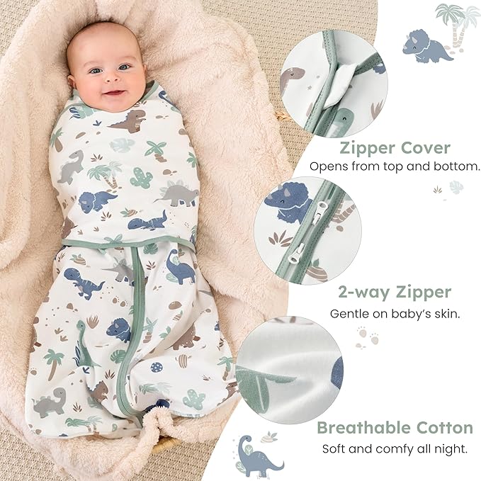 Baby Swaddle Sleep Sack 0-3 Months, Swaddles for Newborns Boy Girl, 3-Way Adjustable Infant Swaddle Wearable Blanket with Zipper & Detachable Wrap, 2 Pack Soft Snug Green Dinosaur