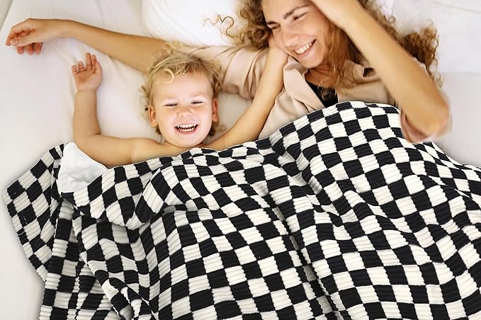 Baby Blanket for Kids Adults Comfy Durable Corduroy Toddler Blanket with Double Layer Dotted Backing Checkerboard Grid Chessboard Gingham Warmer Bed Blankets for All Season Black, 50x60 Inches