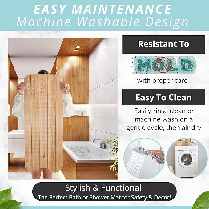 ENKOSI Bath Mat – PVC Large 40 x 16 Inch Non-Slip Bathtub Mat with Secure Suction Cup Grip & Drain Holes – Extra Long Bathroom Shower Mat for Tub and Shower Floors with Wood Print Design (40x16 Wood)