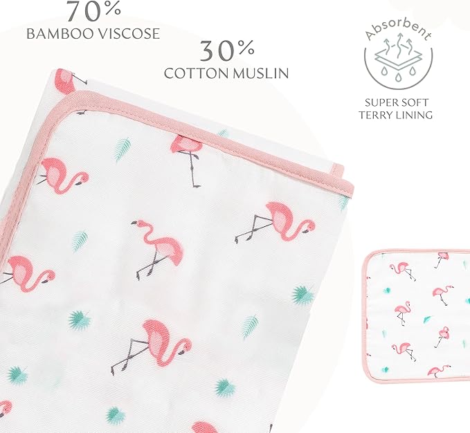 Bamboo Viscose Baby Hooded Towel & Washcloth Set for Babies and Toddlers, Soft & Absorbent, 70% Viscose from Bamboo, 30% Cotton Muslin - Imported (Flamingo)