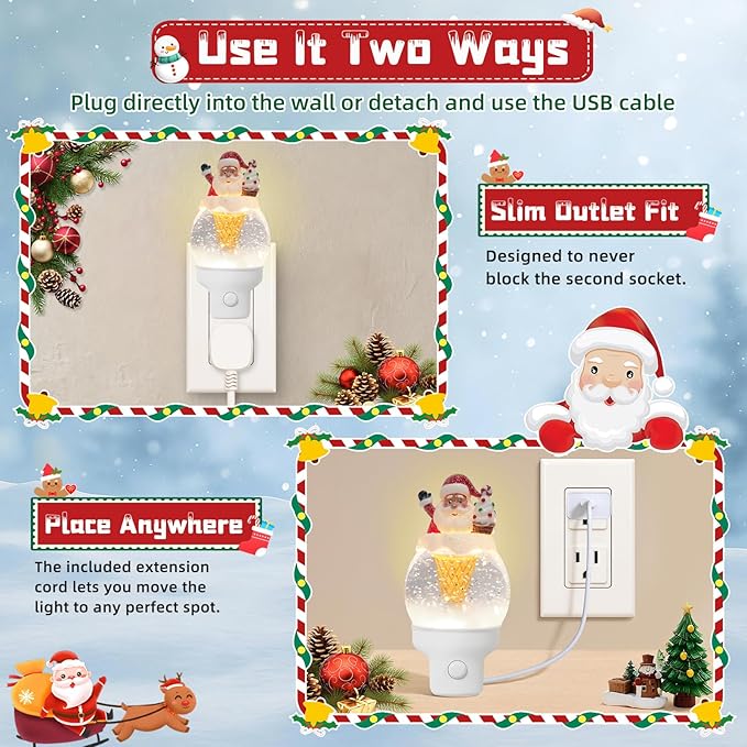 Christmas Night Light Plug into Wall Swirling Glitter USB Portable Christmas Decorative Night Light Decoration for Kids Adults Bedroom Kitchen Living Room Holiday Decor (Santa Cookie Cones)