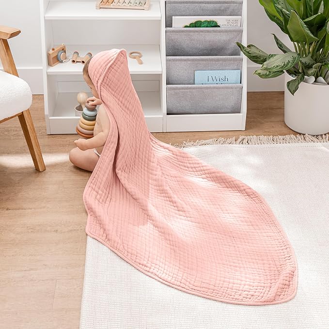 Comfy Cubs Hooded Baby Towel 2-Pack, Large 32 x 32 Inch - 6 Layer 100% Muslin Cotton for Babies, Toddlers and Kids - Soft & Absorbent Baby Bath Towels - Unisex Design for Bath Time - Bold Blush