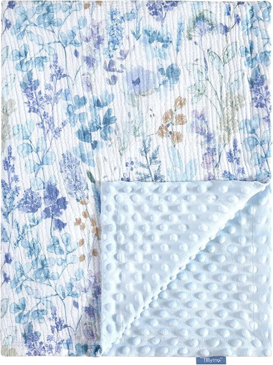 TILLYOU Baby Blankets for Girls Boys, Receiving Baby Blanket with Double Layer Soft Plush, Minky Muslin Cotton Front and Dotted Backing 30"x40", Blue Flower