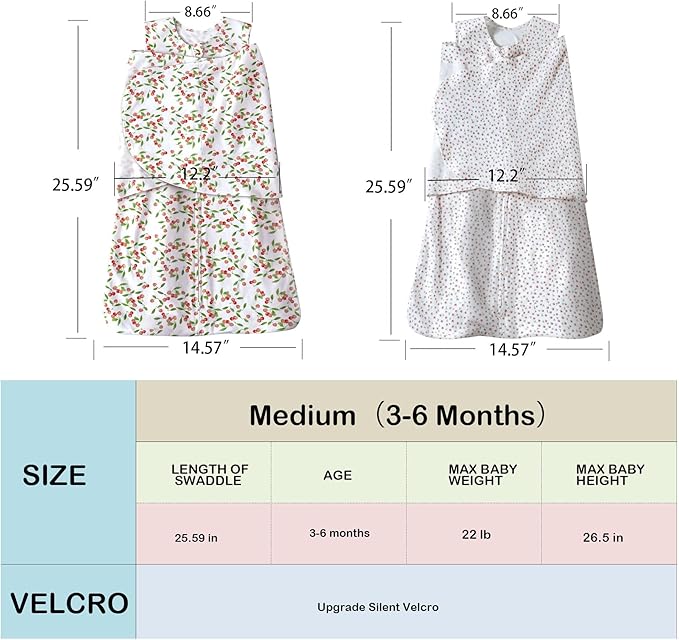 Baby Sleep sack Swaddle,Swaddles 3-6 Months,3-Way Adjustable Wearable Transition Blanket 100% Organic Cotton 2-Piece,12-18 lbs,1.0 TOG(Floret&Cherry)
