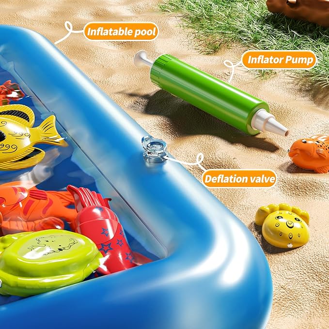 Magnetic Fishing Game Pool Toys Set for Kids 3-5, Water Table Bathtub Toys with Inflatable Pool Pole Rod Net Plastic Floating Fish, Outdoor Toys for Kids Boys Girls Age 3 4 5 6 7 8 Year Old
