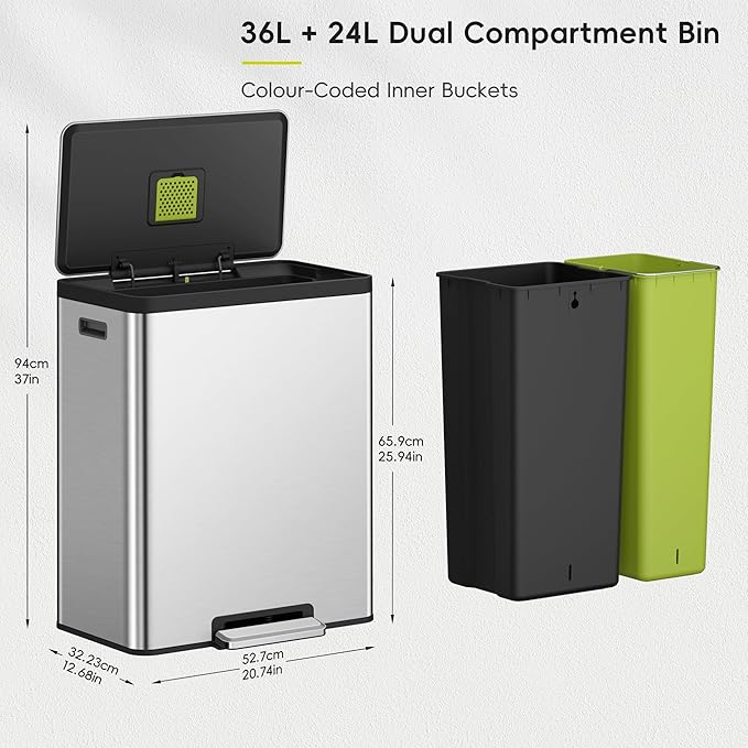 EKO EcoCasa II 36L+24L Dual Trash Can with Recycle Bin, Stainless Steel Garbage Can with Lid, Deodorizer Compartment, Odor-Proof and Fingerprint Resistant